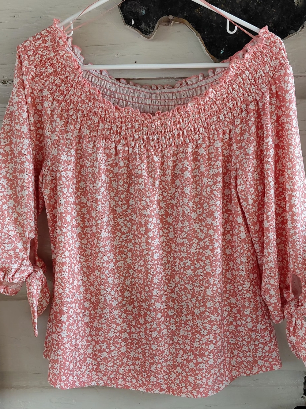 Luxology Pink Floral Smocked Off-Shoulder Blouse